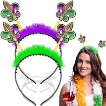 2Pcs Mardi Gras Headband for Adults Holiday Party Green Purple Sequins Hair Band - £16.60 GBP
