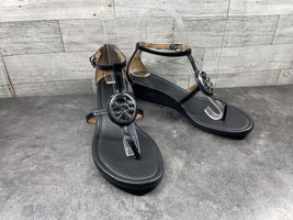 Coach Sandals Women 37/ 6.5 B Vipor Shoes Black Patent Wedge Thong Logo T-Strap - $34.47