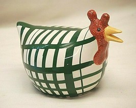 Chubby Ceramic Chicken Green Stripes Hand Painted Hen Farmhouse Decor - $19.79
