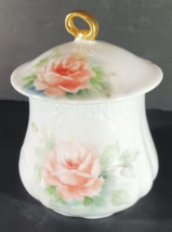 Vintage SMALL FLORAL Jar CANISTER &amp; Lid 6.5&quot; Handpainted Yellow Pink Ros... - $333.43 MXN