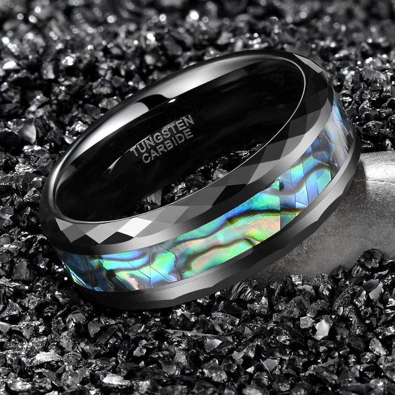 Men Tungsten Ring Black Luxury Green Abalone Shell Rhombus Edged Finished Male W - £21.82 GBP