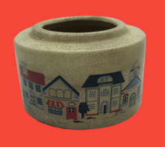 Vintage Crock Container With Red Blue Victorian Houses Lots of Crazing primitive - $39.55