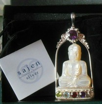SAJEN 925 Sterling Silver Pendant Carved MOP Buddha W/ Multi Color Gemstones - £301.44 GBP
