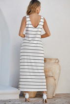 White Stripe Print Open Back Sleeveless Maxi Dress with Slits - $14.10