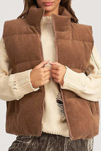 Coffee Corduroy Stand Neck Zipped Puffer Vest - $49.99