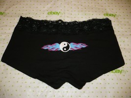 Rue 21 Women&#39;s Boyshort Panties LARGE Black Yin Yang W Lace Waistband New - $9.85