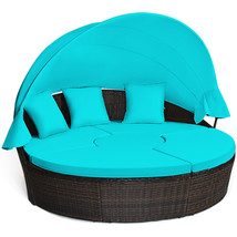 Patio Rattan Daybed Cushioned Sofa Adjustable Table Top Canopy - £577.17 GBP