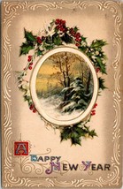 New Year Embossed Gold Holly Country Trees Snow Posted 1912 Antique Postcard - £5.89 GBP