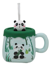 Cute Panda Bear By Bamboo Forest Green Ceramic Mug With Silicone Lid And Straw - £14.15 GBP