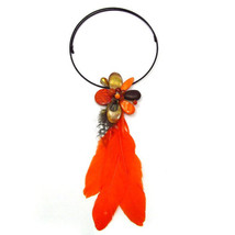Floral Tassel Mother of Pearl Orange Feather Statement Choker - £25.39 GBP