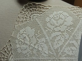 Vintage Doily 22&quot; handmade crochet knit knitted beige kitsch floral hand made - £10.05 GBP