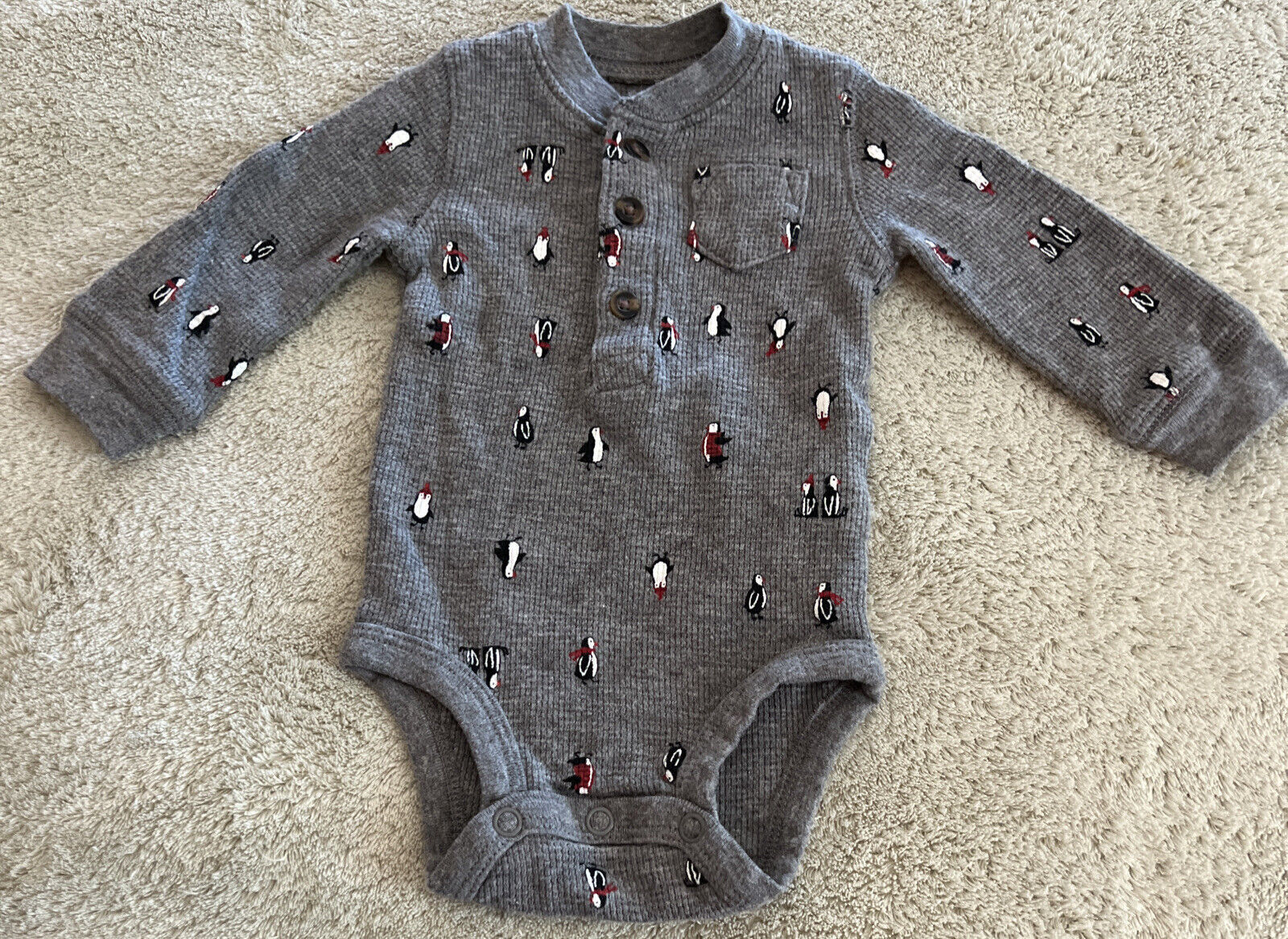 Primary image for Carters Boys Gray Black Red Penguins Thermal Long Sleeve One Piece 3 months
