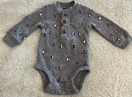 Carters Boys Gray Black Red Penguins Thermal Long Sleeve One Piece 3 months - $3.92