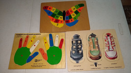Lot of 3 Vintage Wooden Peg Puzzles: ABC, Shoes lacing , Hands counting. - £26.37 GBP
