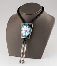 Sterling Silver Onyx, Mother of Pearl, Turquoise Bolo Tie Signed Bennett - £379.37 GBP