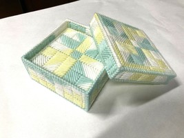 Vintage Handmade Plastic Canvas Yarn 6 Coaster Set W/ Holder 4” Green Yellow  - $19.61