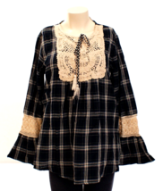 Studio West Black &amp; Cream Plaid Bell Sleeve Shirt Top Blouse Women&#39;s L NWT - £37.47 GBP