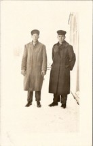 RPPC Two Attractive Men Long Coats Chauffeurs Poss c1910 Snow Scene Postcard T19 - £14.84 GBP