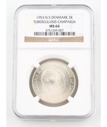 1953-H NS Danemark 2 Kroner Pièce Argent MS-64 NGC Greenland Tuberculose... - €165,05 EUR