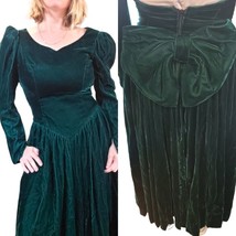 Green Velvet Long Midi Formal Dress Longsleeve Puff Sleeve Size 6 Big Bow VTG - $77.22