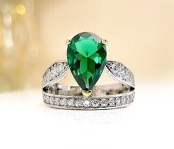 14K White Gold Plated Silver 2.50Ct Green Pear Simulated Emerald Bridal Ring Set - £134.52 GBP