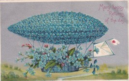 Many Happy Returns Flower Basket Under Blue Floral Zeppelin Postcard D25 - £2.32 GBP