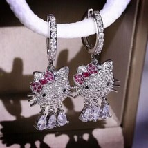 2Ct Pear Cut Lab Created Diamond Dangle Hello Kitty Earring 14k WhiteGold Plated - £156.66 GBP