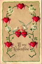 To My Valentine Doves Heart Rose Wreath Embossed 1910 Vtg Postcard - £5.37 GBP