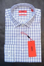 Hugo Boss Men&#39;s Kenno Slim Fit Blue Check Cotton Dress Shirt 38 15 - £56.76 GBP