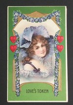 Valentines Day Loves Token Beautiful Girl in Bonnet Embossed Vtg Postcard 1911 - £10.22 GBP