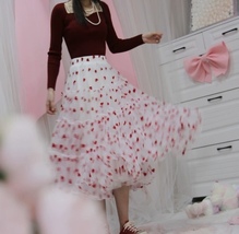 White Layered Tulle Midi Skirt with Red Heart Women Plus Size Fluffy Tulle Skirt image 7