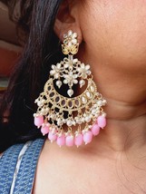 Indian Gold Plated Bollywood Style Glass Kundan Pink Long Earrings Jewelry Set - £22.40 GBP