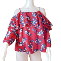 Japna Red w/ Navy Floral Ruffled Blouse Top Size L NWT - £25.65 GBP