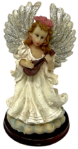 Vtg. Angel On Cloud Glitter Wings Playing Mandolin Resin Figurine 5.5" Wood Base image 2