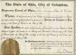 1870 State of Ohio City of Columbus Supreme Court Certificate To Practic... - $178.46