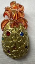 Vintage Retro Golden Pineapple Lucite Plastic Multicolor Rhinestones Brooch Pin - £19.42 GBP