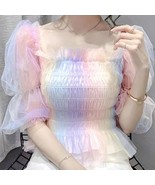 Rainbow Tulle Blouse | Women Cute Summer Top Ombre Gradient Shirt - $39.00
