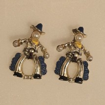 Vintage 1950s Enamel / Faux Pearl Cowboy Brooch Pins with Moving Legs - $28.77
