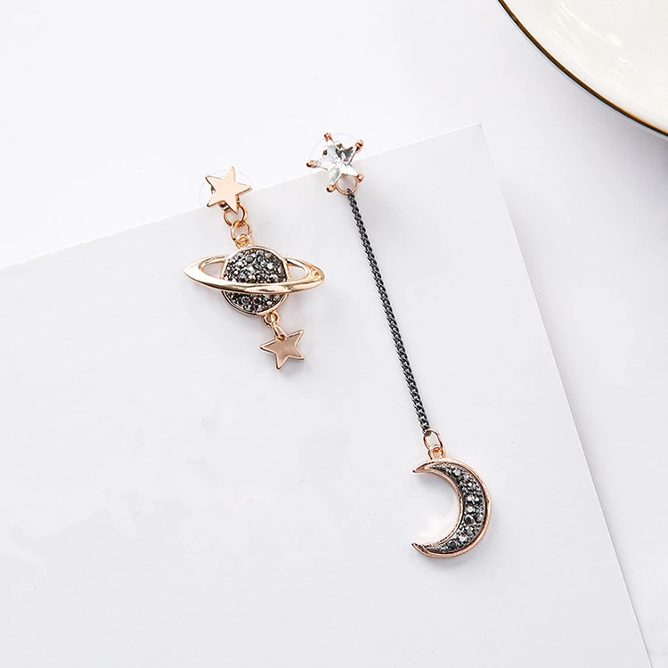 New Design Asymmetric Earrings For Women Trendy Bijoux Rhinestone Moon Star Plan - £10.89 GBP