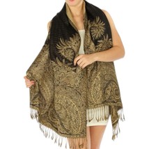 Big Paisley Thick Pashmina Silk Shawl Wrap Scarf Sari Black Brown Reversible 68&quot; - £15.78 GBP