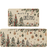 Merry Christmas Kitchen Mats Set of 2, Chritmas Tree Holly Ornament Wint... - $50.30