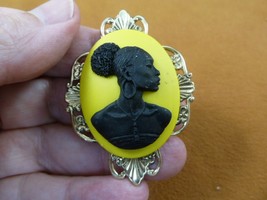 CA20-98 RARE African American LADY yellow + black CAMEO floral brass Pin Pendant - £26.86 GBP