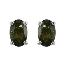 925 Argent Sterling Ovale Simulé Vert Olive Moldavite Boucles D&#39;Oreilles - £30.93 GBP