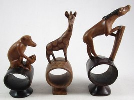3 Hand Carved Wooden African Animals Napkin Rings, Baboon &amp; Baby, Giraff... - $12.99