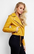 Stylish YELLOW Women&#39;s Genuine Lambskin Leather Jacket Handmade Motorcycle Biker - £85.57 GBP