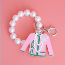 Stretch Pearl Wristlet Bracelet Pink Green Epoxy Sweater Silver Charm Keychain - £35.24 GBP