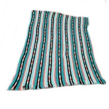 Hand Crocheted Afghan Striped Turquoise Blue Pink Stadium Lap Throw 38&quot; x 46&quot;  - £20.96 GBP