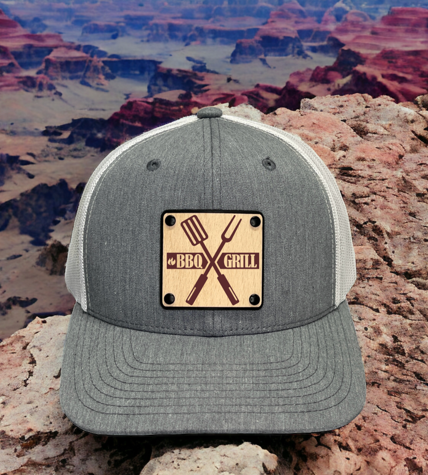 BBQ - Grill Master Trucker Hat Cap with Wood Leather Patch - $23.99