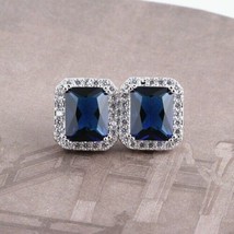 3CT Lab Created Blue Sapphire Push Back Halo Stud Earrings 14K White Gold Finish - £62.13 GBP