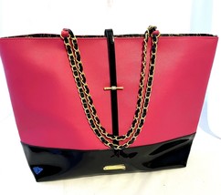 Juicy Couture Large Tote Bag Pink Black Patent Leather Gold Chain Purse ... - £23.98 GBP